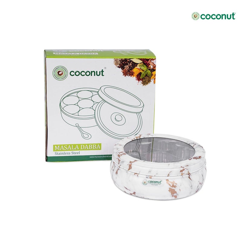 coconut Stainless Steel - Marble-Look Masala Box With 7 Containers & Spoon | Belly Shape Spice Organiser With See Through Lid | 100ml Each Container | Must Have Kitchen Essentials - Image 2