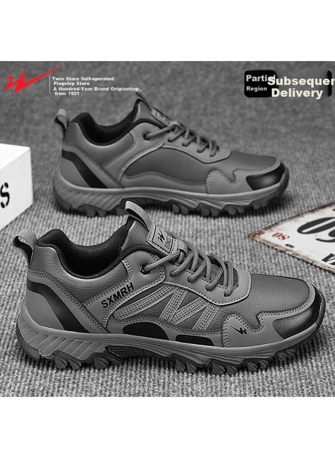 Shuangxing Autumn Breathable Mesh Running Shoes With Shock Absorption, Double 11 Outdoor Hiking Gift For Father, Dark Gray [leather Upper], Size 44