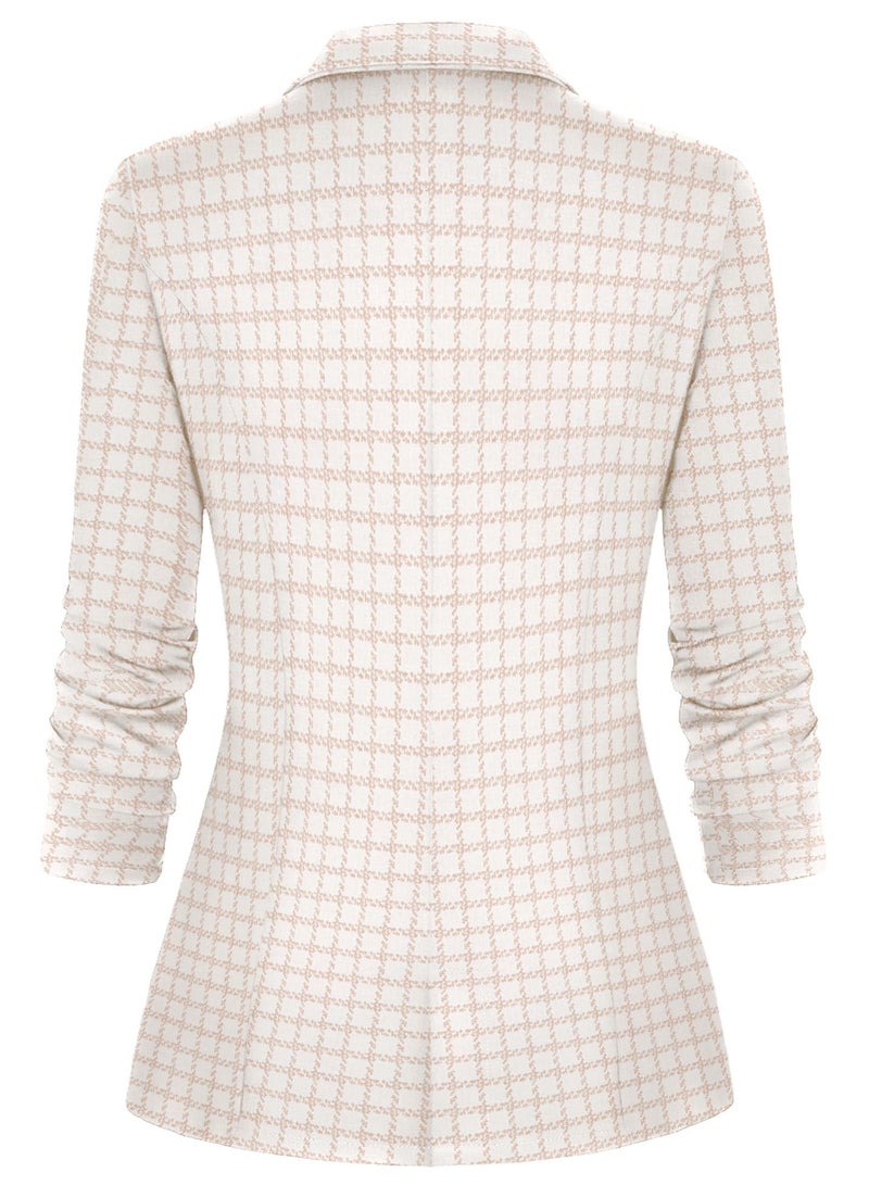 Genhoo Women's Casual Long Sleeve Plaid Knit Blazer A Button Boyfriend Blazer Suit Zipper Pockets Work Office Jacket Outfits Apricot Plaid Large - Image 2