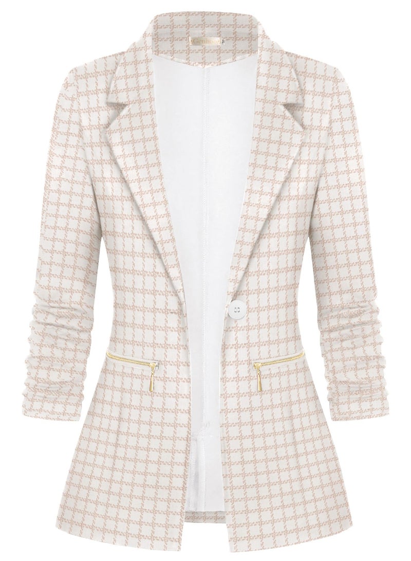 Genhoo Women's Casual Long Sleeve Plaid Knit Blazer A Button Boyfriend Blazer Suit Zipper Pockets Work Office Jacket Outfits Apricot Plaid Large - Image 1