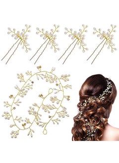 Snowie Soft SNOWIE SOFT Bride Hair Pins Floral Hair Vine 5Pcs Set, Pearl Crystal Bridal Hair Accessories For Women Bridesmaids Wedding Anniversary Hair Piece (Gold)  - Image 1