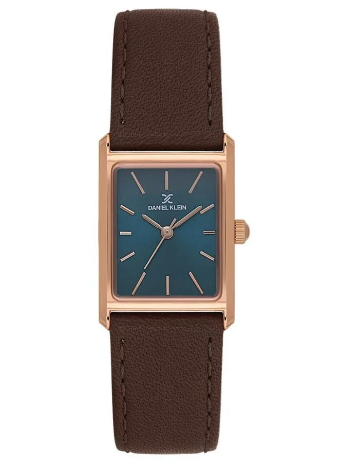DANIEL KLEIN Women's Leather Rose Gold Alloy Case Analog Blue Square Sunray Dial Japanese Quartz Premium 30 Meters Water Resistant