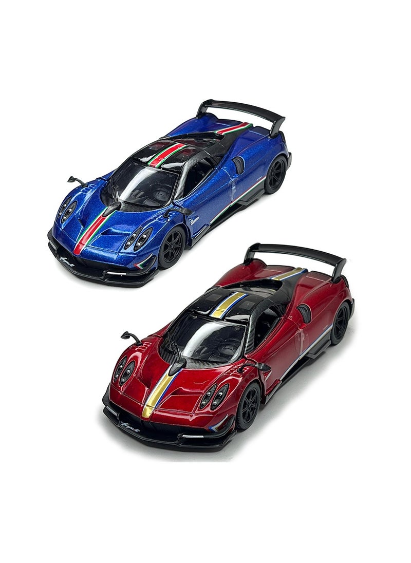 Kinsmart Pack of 2 Pcs 1:38 Scale Door Openable Pull Back Action 2016 Pagani Huayra BC with Printing Diecast Alloy Metal Car-Assorted Colour  - Image 1
