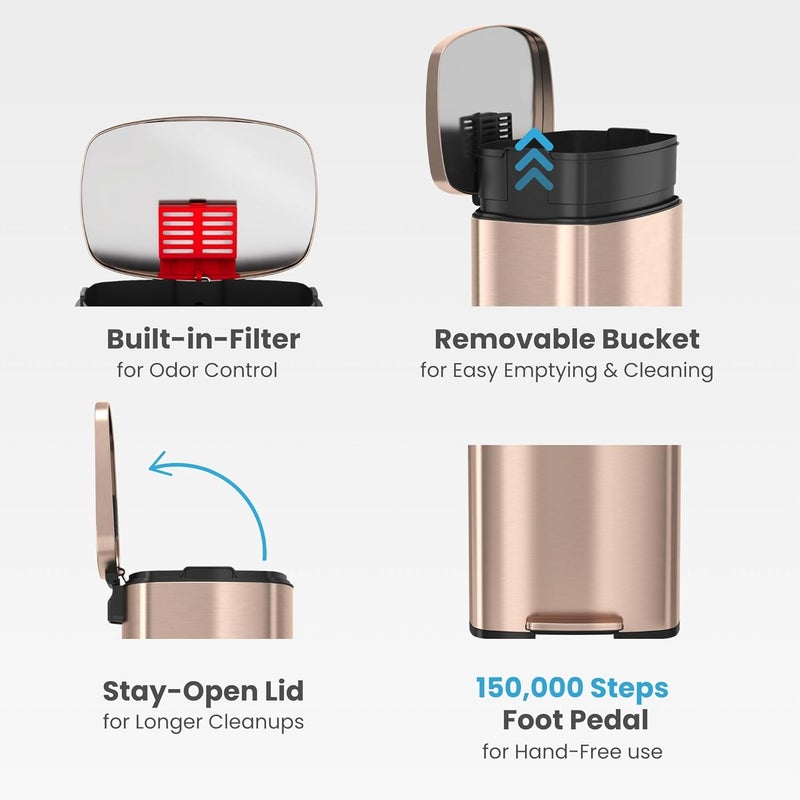 iTouchless 13.2 Gallon Step Trash Can with Odor Control Filter, Stainless Steel Kitchen Garbage Can, 50 Liter, Silent Soft-Close Step Pedal, Fingerprint-Proof, Rose Gold - Image 3