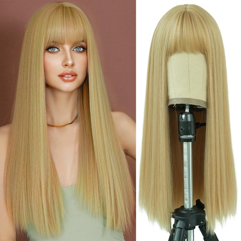 7JHH WIGS Blonde Wig With Bang For Women Long Straight Blonde Wig Synthetic Wig For Girl Emo Cosplay And Daily Use23 Blonde