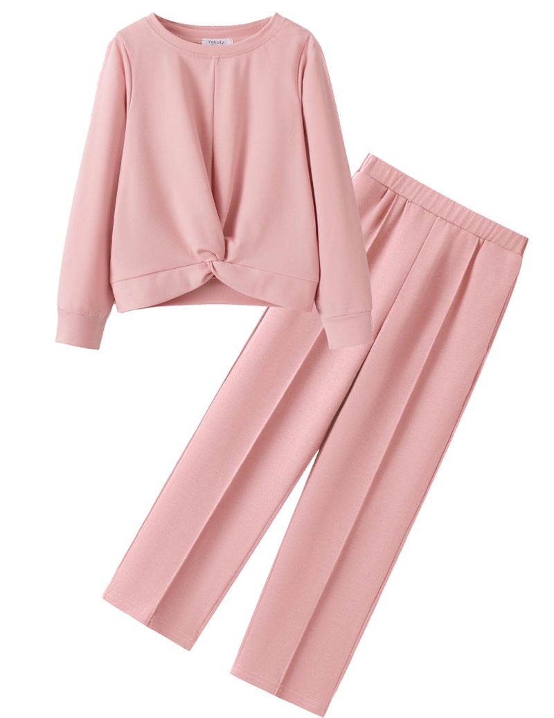 Yekaty Kids Clothes Girls Size 5 Cute Twist Front Tops & Wide Leg Pants Sweatsuit Fall Outfits Lounge Set - Image 1