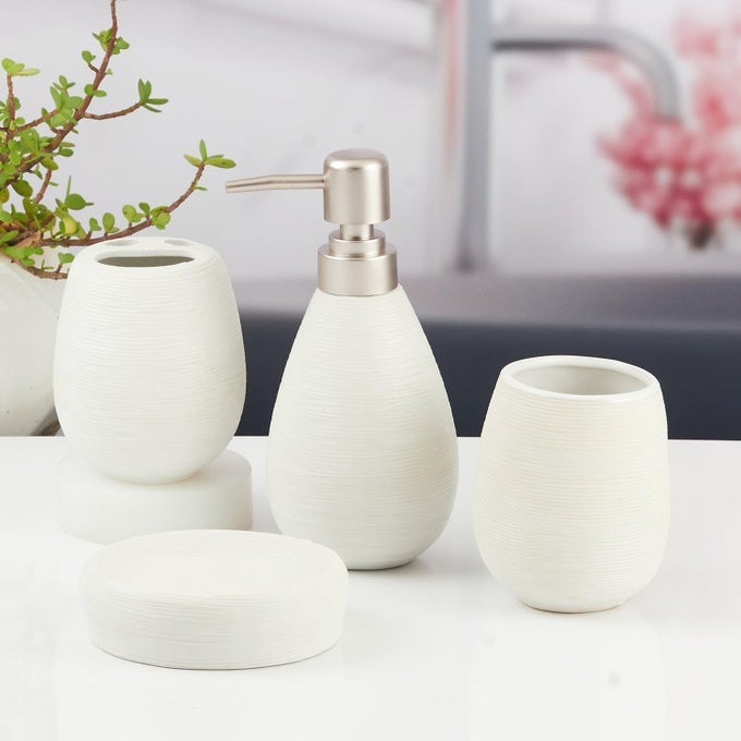 CERAMIC BATHROOM ACCESSORIES SET OF 4 MODERN LUXURY BATH SET WITH LIQUID SOAP DISPENSER TOOTHBRUSH HOLDER STYLISH HOME DECOR GIFT IDEA 11340