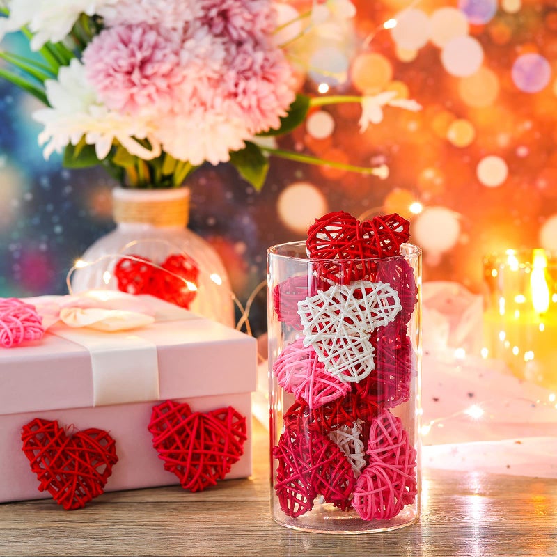Juinte 24 Pieces Valentine Heart Shaped Rattan Balls 2.36 Inch Heart Vase Bowl Fillers DIY Craft Wicker Rattan Decor for Valentine Wedding Party Decor(Pink, White, Red, Rose Red) - Image 3