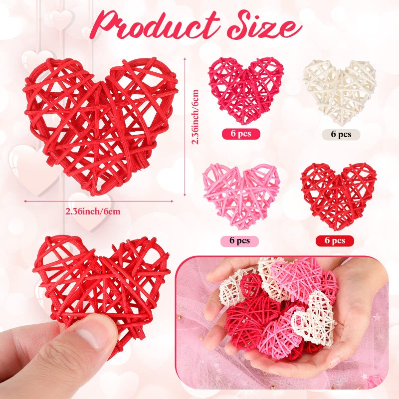 Juinte 24 Pieces Valentine Heart Shaped Rattan Balls 2.36 Inch Heart Vase Bowl Fillers DIY Craft Wicker Rattan Decor for Valentine Wedding Party Decor(Pink, White, Red, Rose Red) - Image 2
