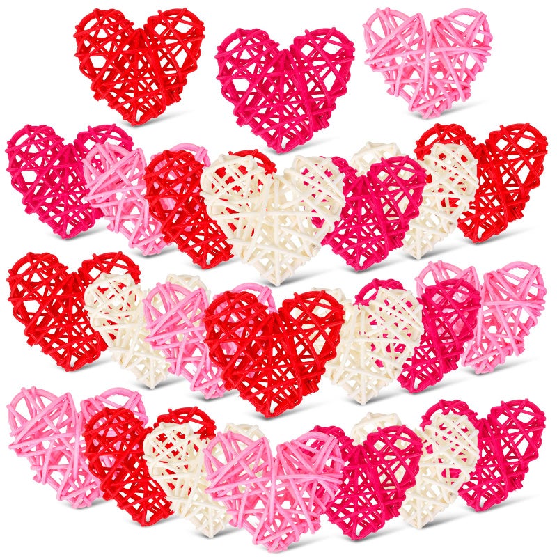 Juinte 24 Pieces Valentine Heart Shaped Rattan Balls 2.36 Inch Heart Vase Bowl Fillers DIY Craft Wicker Rattan Decor for Valentine Wedding Party Decor(Pink, White, Red, Rose Red) - Image 1