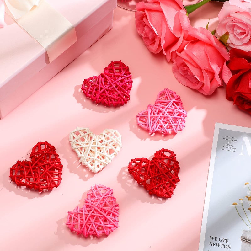 Juinte 24 Pieces Valentine Heart Shaped Rattan Balls 2.36 Inch Heart Vase Bowl Fillers DIY Craft Wicker Rattan Decor for Valentine Wedding Party Decor(Pink, White, Red, Rose Red) - Image 4