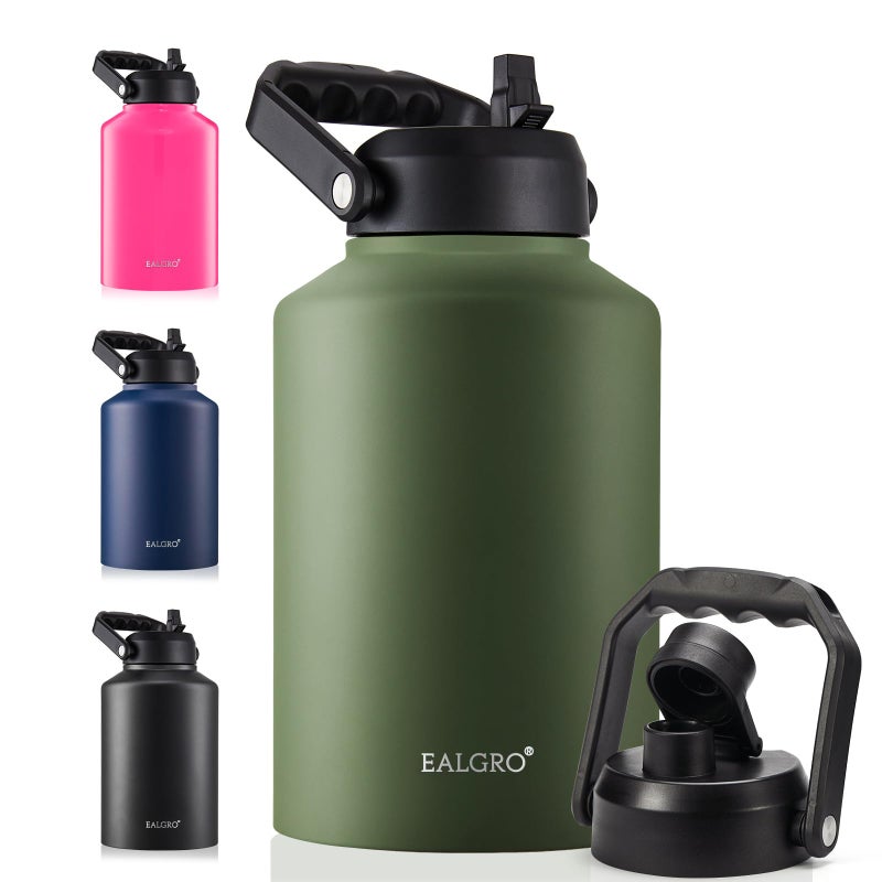EALGRO Gallon Insulated Water Bottle Jug with Straw  128 oz Large Stainless Steel Sports Metal Water Canteen With Handle  Thermal Water Cup Mug with 2 Lids  Army Green - Image 1