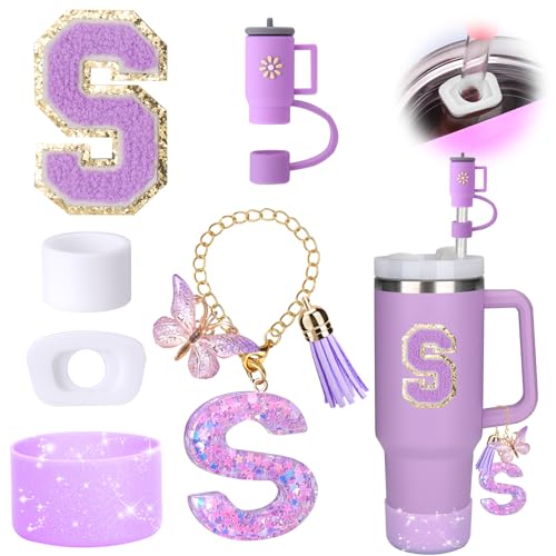 Mity rain 6PCS Cup Accessories Set for Stanley Cup 30oz 40oz tumbler with handle, Including Silicone Straw Topper Cover Cap and Boot, Spill Proof Stopper, Handle Charm, Initials Sticker (Letter S) - Image 1