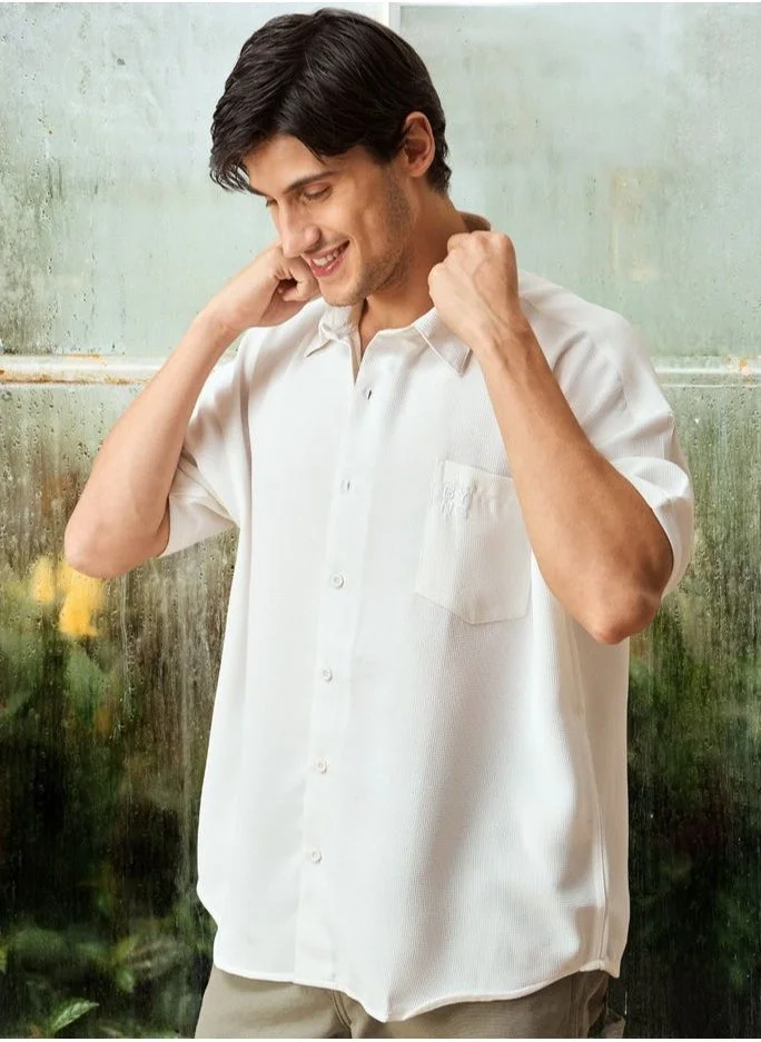 Beyoung White Half Sleeve Waffle Shirt for Men