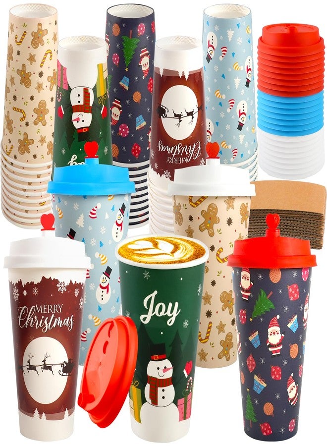 CUPLOOV 25 Pack Christmas Hot Coffee Cups with Lids, 16 Oz Christmas Disposable Paper Cups with Lids & Sleeves, Vintage Xmas Paper Cup for Hot Cold Drinks Hot Chocolate Cocoa Tea Xmas Dinner Party Supplies - Image 1