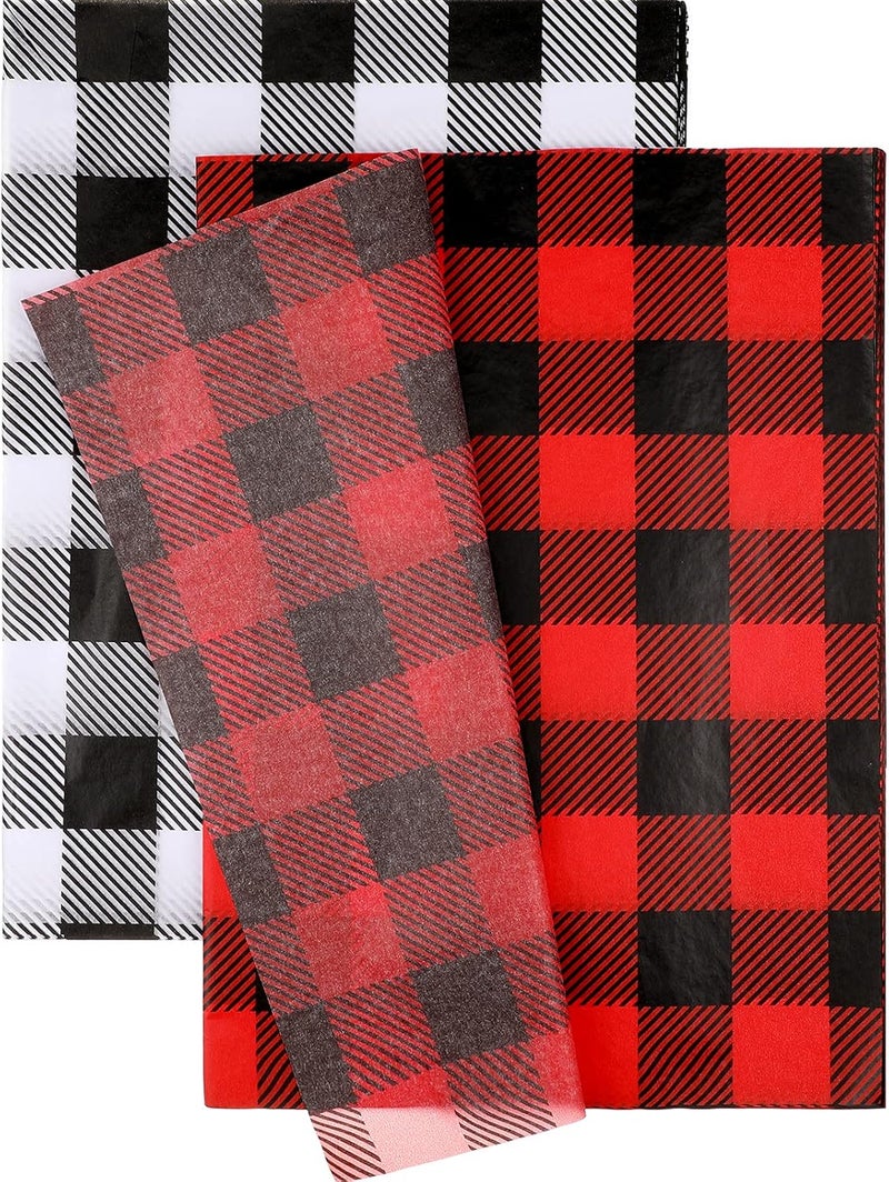klarako 100 Sheets Christmas Tissue Paper Buffalo Plaid Gift Wrapping Paper 14 x 20 Inch Rustic Art Holiday Wrapping Paper for Christmas DIY Crafts (Red-Black, White-Black) - Image 1