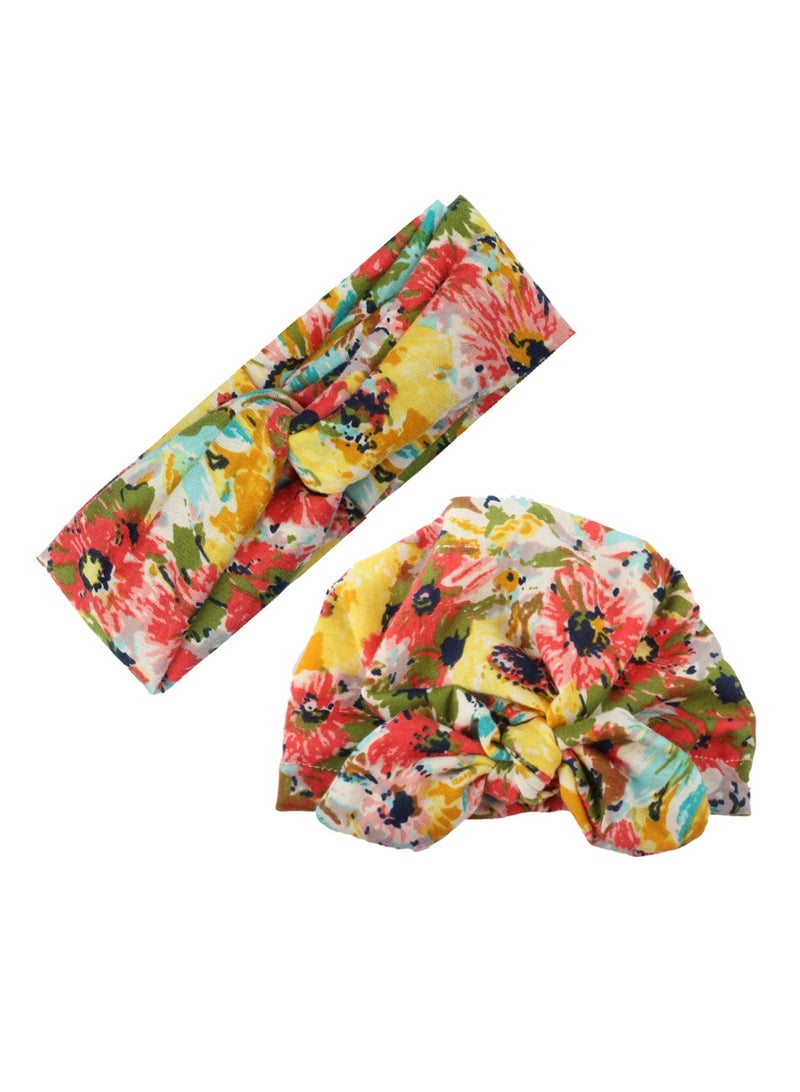 1 Set Flower Printed Parent-Child Headwear, Mom Headband and Child Beanie Infant Caps, Yellow  - Image 1