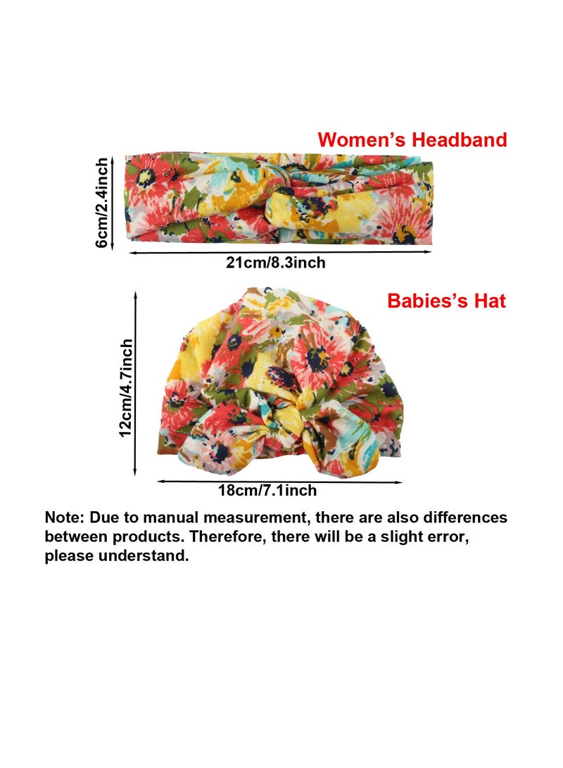 1 Set Flower Printed Parent-Child Headwear, Mom Headband and Child Beanie Infant Caps, Yellow  - Image 2