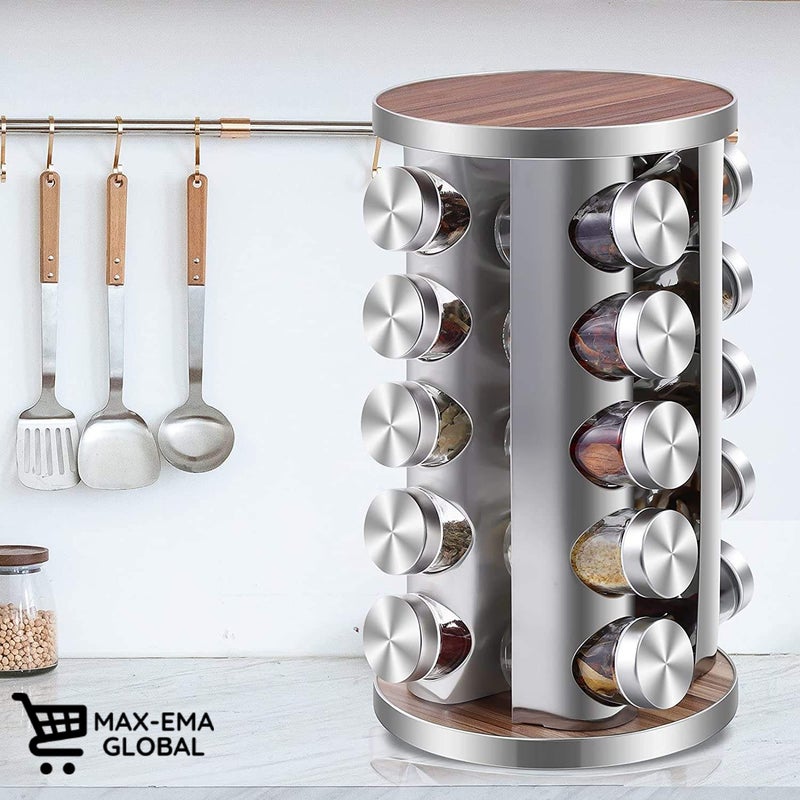MAX-EMA GLOBAL MAX-EMA Rotating Spice Rack Organizer Round With 20 Glass Spice Jars 360 Degree Revolving Stainless Steel And Wood Finish Kitchen Spice Rack For Countertop Spice Set - Image 5