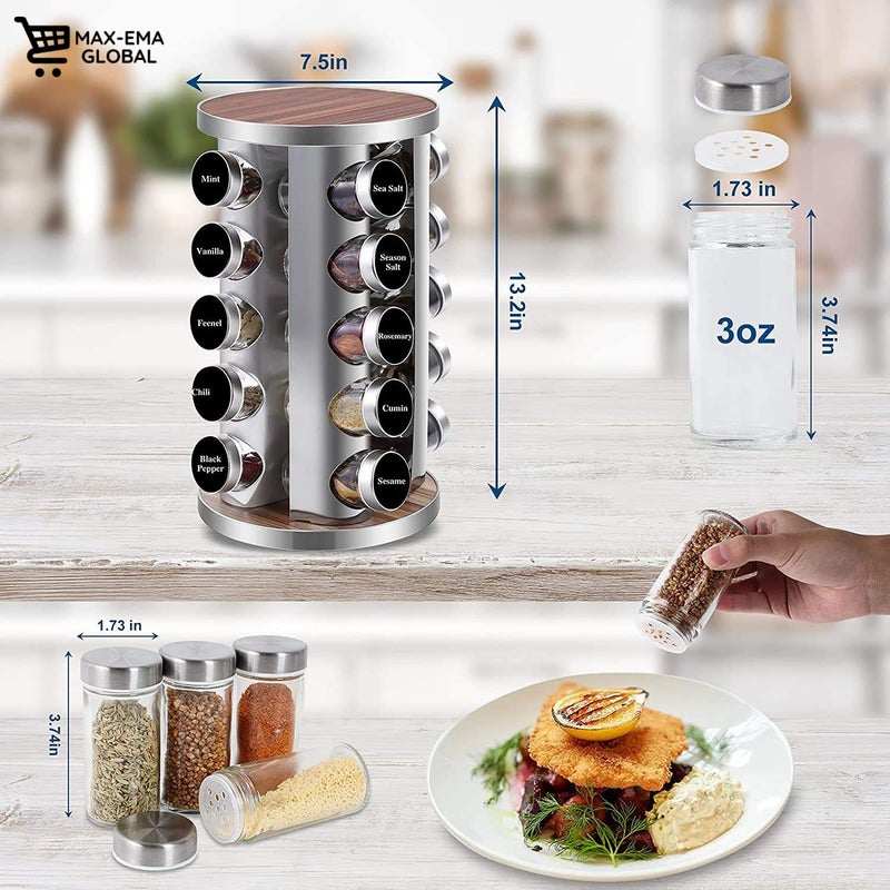 MAX-EMA GLOBAL MAX-EMA Rotating Spice Rack Organizer Round With 20 Glass Spice Jars 360 Degree Revolving Stainless Steel And Wood Finish Kitchen Spice Rack For Countertop Spice Set - Image 3