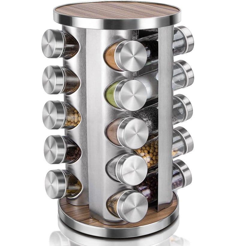 MAX-EMA GLOBAL MAX-EMA Rotating Spice Rack Organizer Round With 20 Glass Spice Jars 360 Degree Revolving Stainless Steel And Wood Finish Kitchen Spice Rack For Countertop Spice Set - Image 1