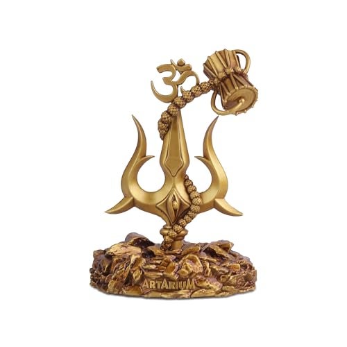 Artarium Trishul with Damru Traditional Trishul Damru Shiva Idol Decorative Showpiece for Car Dashboard Home Decor Pooja Room (Trishul with Damru- Antique Base 3.9 Inch) - Image 1