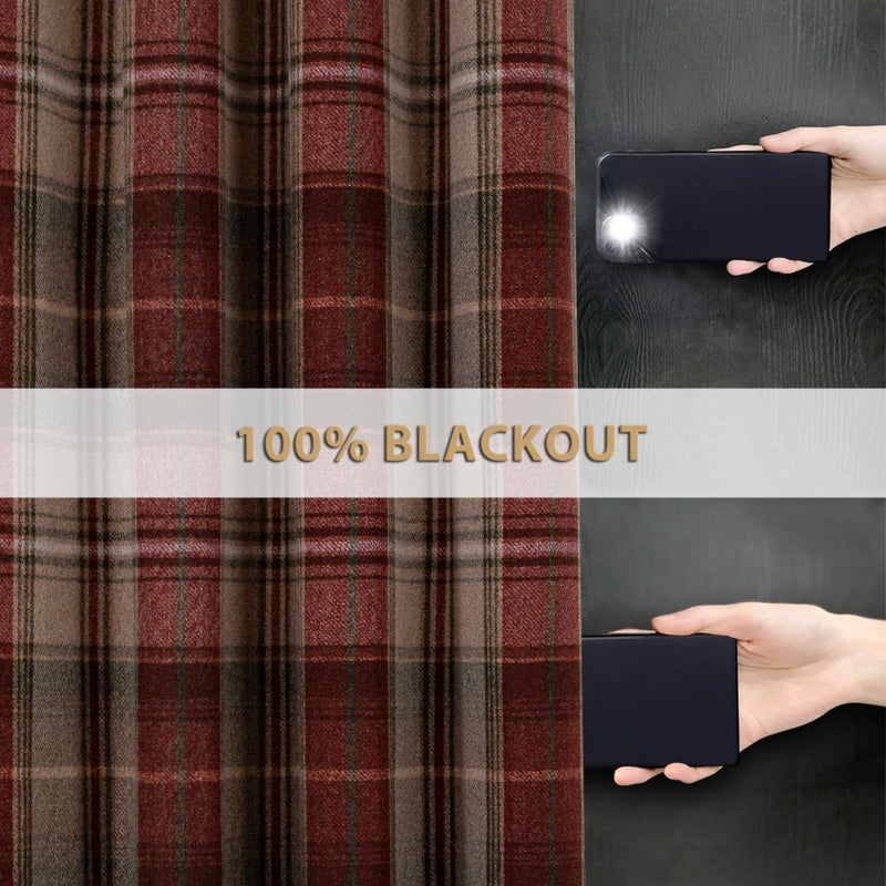 always4u 100% Blackout Woolen Look Plaid Curtains Modern Window Panels Checkered Tartan Curtains for Living Room Bedroom 2 Panels Christmas Red Green 45 * 63 Inches - Image 3