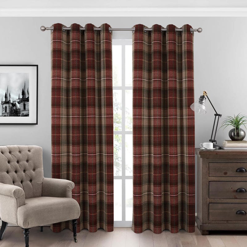 always4u 100% Blackout Woolen Look Plaid Curtains Modern Window Panels Checkered Tartan Curtains for Living Room Bedroom 2 Panels Christmas Red Green 45 * 63 Inches - Image 1