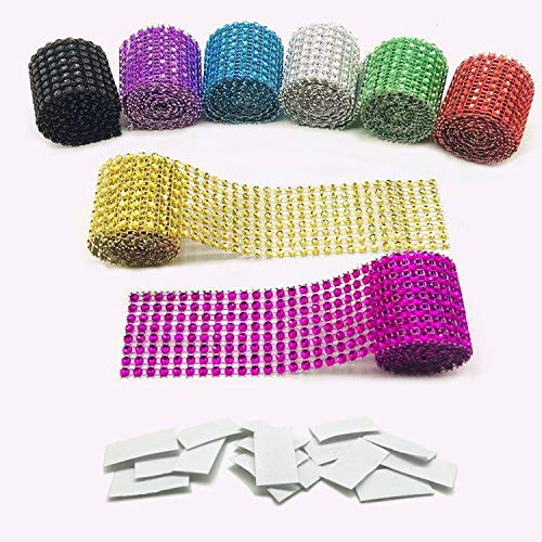 Allazone 8 Colors 8 Row 1 M Acrylic Rhinestone Diamond Ribbon with 8 Pairs Self Adhesive Hook and Loop Tape for Wedding Cakes, Birthday Decorations, Baby Shower and Crafts Projects by Allazone - Image 1