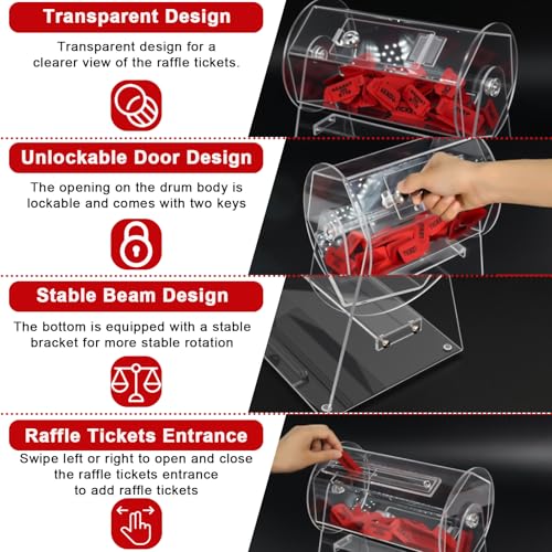 Qopaw Raffle Drum, Acrylic Raffle Tickets Spinner Box with 200 Tickets, Transparent Raffle Box, Holds Approximately 2,000 Raffle Tickets, Clear Raffle Ticket Drum for Raffle, Bingo, Lottery, Balls, 10in - Image 5