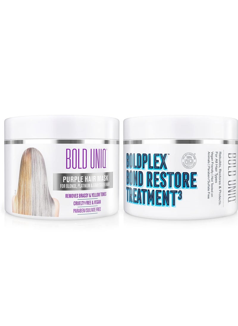 BOLD UNIQ - Purple Hair Mask For Blonde, Platinum, Bleached, Silver, Gray, Ash & Brassy Hair & BoldPlex 3 Bond Restore Treatment - Remove Yellow Tones & Condition Dry, Damaged Hair. Cruelty Free & Vegan - Image 1