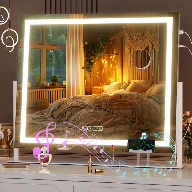 Hasipu Vanity Mirror with Lights and Bluetooth Speaker 24 x 20 LED Makeup Mirror Light up Mirror with 10X Magnification USB Charging Port Smart Touch 3 Colors Dimmable White