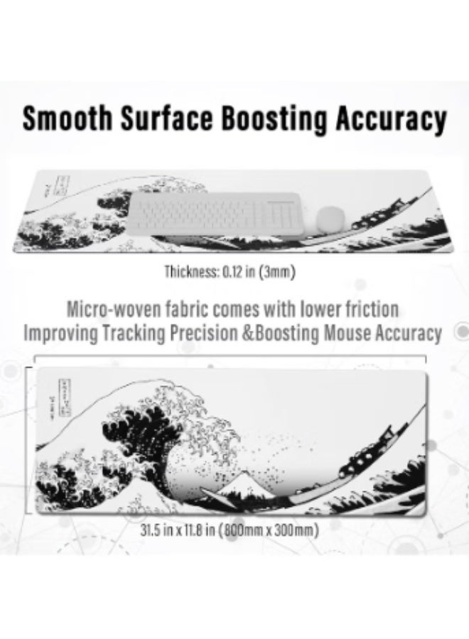 Large Gaming Mouse Pad with Stitched Edges Japanese Wave Anime Desk Mat Extended XL Mousepad with Anti-Slip Base Spill-Resistant Desk Pad for Keyboard and Mouse 800 * 300 * 3mm - Image 5