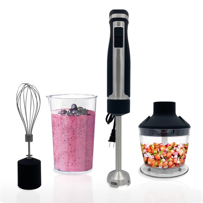 IMMERSION BLENDER HANDHELD STICK BLENDER WHISK AND FOOD PROCESSOR INCLUDES 3 ATTACHMENTS 20 OZ BPAFREE JAR AND STORAGE TRAY STAINLESS STEEL