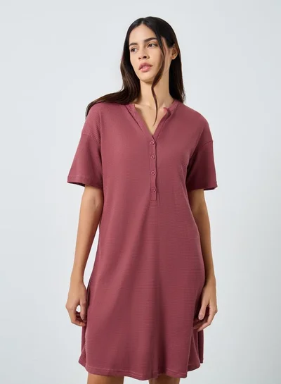 Styli Styli Waffle Textured Placket Sleep T-Shirt Dress