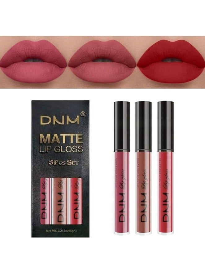 DNM مجموعة 3 قطع من أحمر الشفاه السائل روبي ريد نيود بينك موف غير اللامع للنساء DNM يدوم طويلاً 24 ساعة، أحمر الشفاه غير اللامع للبشرة الفاتحة غير اللامعة، لون 10 - Image 1