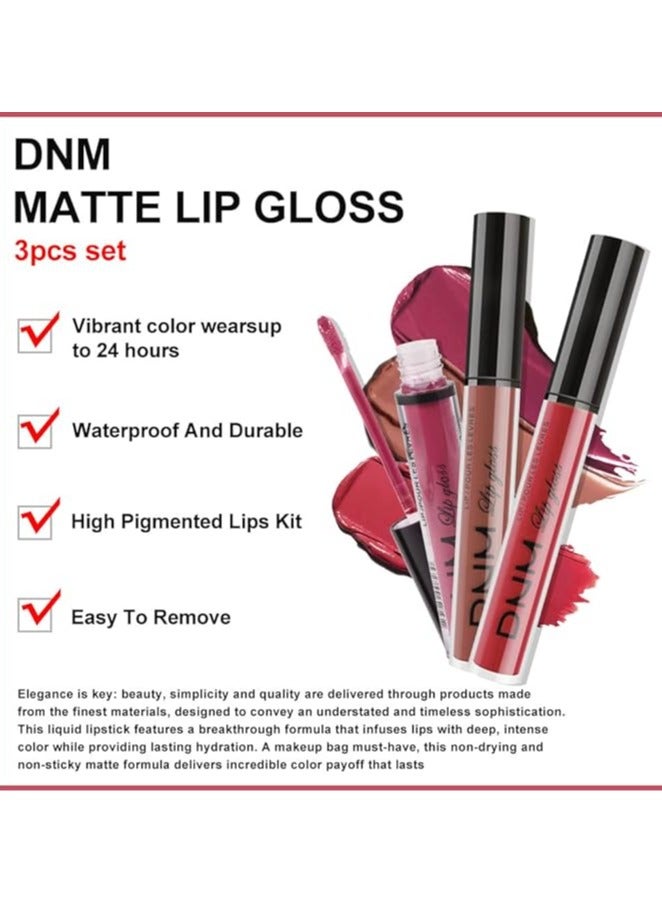 DNM مجموعة 3 قطع من أحمر الشفاه السائل روبي ريد نيود بينك موف غير اللامع للنساء DNM يدوم طويلاً 24 ساعة، أحمر الشفاه غير اللامع للبشرة الفاتحة غير اللامعة، لون 10 - Image 2