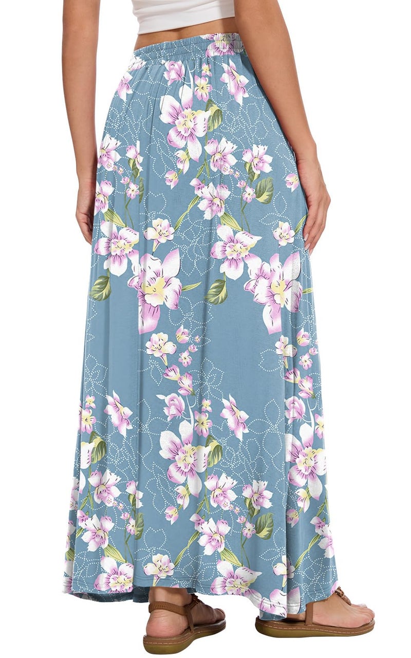 Leafsay Womens Maxi A-line Long Summer Skirt Elastic High Waist Flowy Skirt with Pockets(Gray-Blue,L) - Image 3