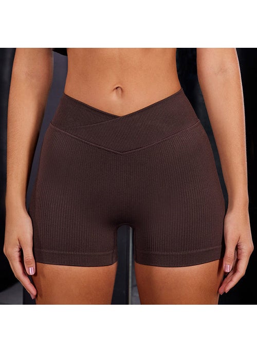 Generic - Seamless Sports Yoga Clothing Set Crossbody Shoulder Fitness Long Pants Shorts Women Nylon Material Spring Autumn Summer Winter Brown shorts - Image 1