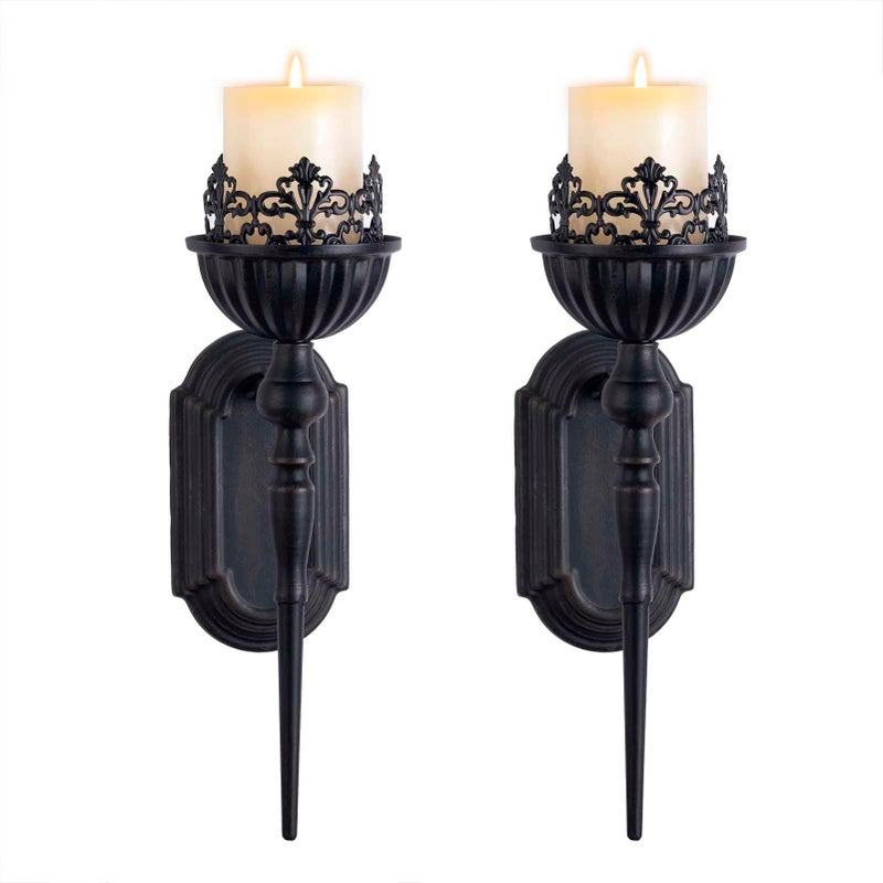 WOPARTY Gothic Wall Sconce Candle Holder (Set of 2) Black Crown and Scepter Design Wall-Mount Metal Candle Holders Hanging Iron Wall Candle Sconce Holder for Living Room, Bathroom, Dining Room - Image 1