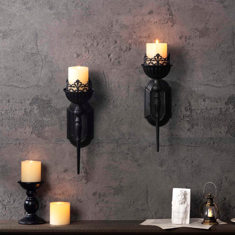 WOPARTY Gothic Wall Sconce Candle Holder (Set of 2) Black Crown and Scepter Design Wall-Mount Metal Candle Holders Hanging Iron Wall Candle Sconce Holder for Living Room, Bathroom, Dining Room - Image 2