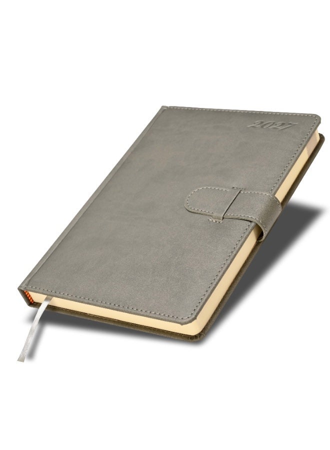 FIS 2027 Agenda Diary, 170x240mm, 1 Side Padded & Sewn Italian PU Cover, Round Corner with Strap Closure, 1 Day a Page Format, English, 70gsm Italian Ivory Paper, Grey Cover-FSDI75E27GY - Image 1