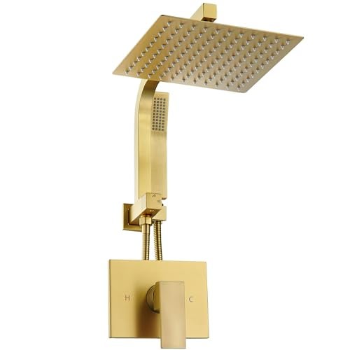 SOOOHOT Brushed Gold Shower System with 10Inch Rain Shower Heads with Handheld Spray Combo, Gold Shower Faucet Set with Rain Shower and Handheld, Gold Shower Head and Handle Set(Shower Valve Kit Included) - Image 1