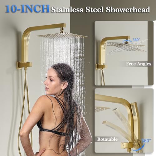 SOOOHOT Brushed Gold Shower System with 10Inch Rain Shower Heads with Handheld Spray Combo, Gold Shower Faucet Set with Rain Shower and Handheld, Gold Shower Head and Handle Set(Shower Valve Kit Included) - Image 3