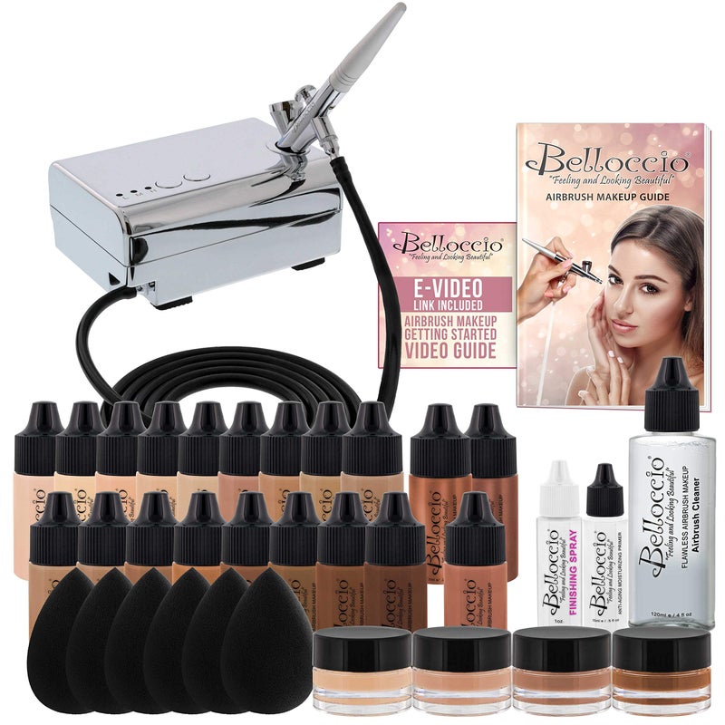 Complete Professional Belloccio Airbrush Cosmetic Makeup System with a MASTER SET of All 17 Foundation Color Shades in 14 oz Bottles  Blush Bronzer Highlighters