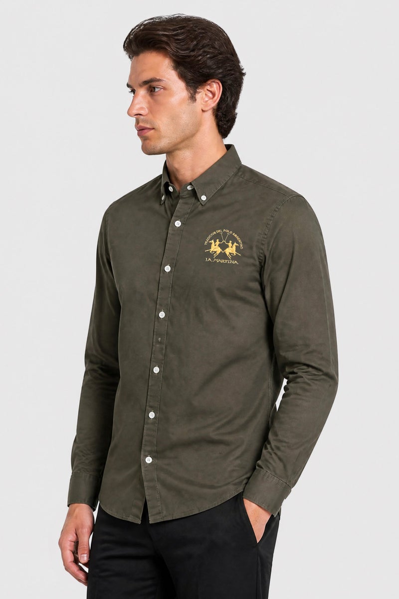 La Martina Men Slim Fit Embroidered Logo Long Sleeve Casual Shirt, Olive - Image 3