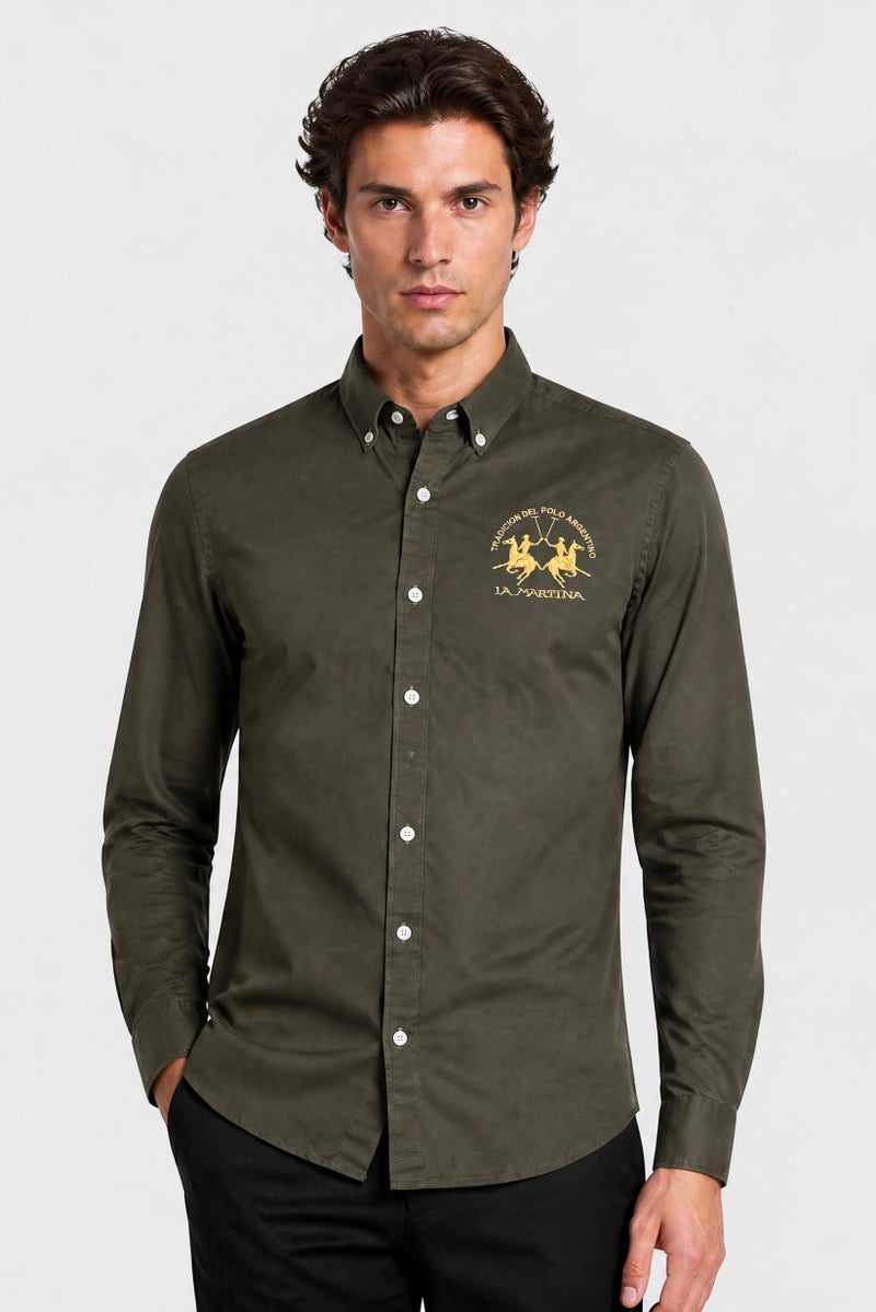 La Martina Men Slim Fit Embroidered Logo Long Sleeve Casual Shirt, Olive - Image 1