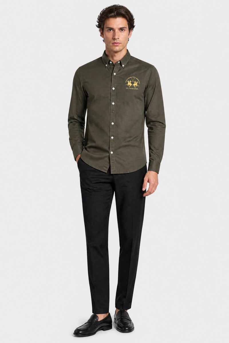 La Martina Men Slim Fit Embroidered Logo Long Sleeve Casual Shirt, Olive - Image 2