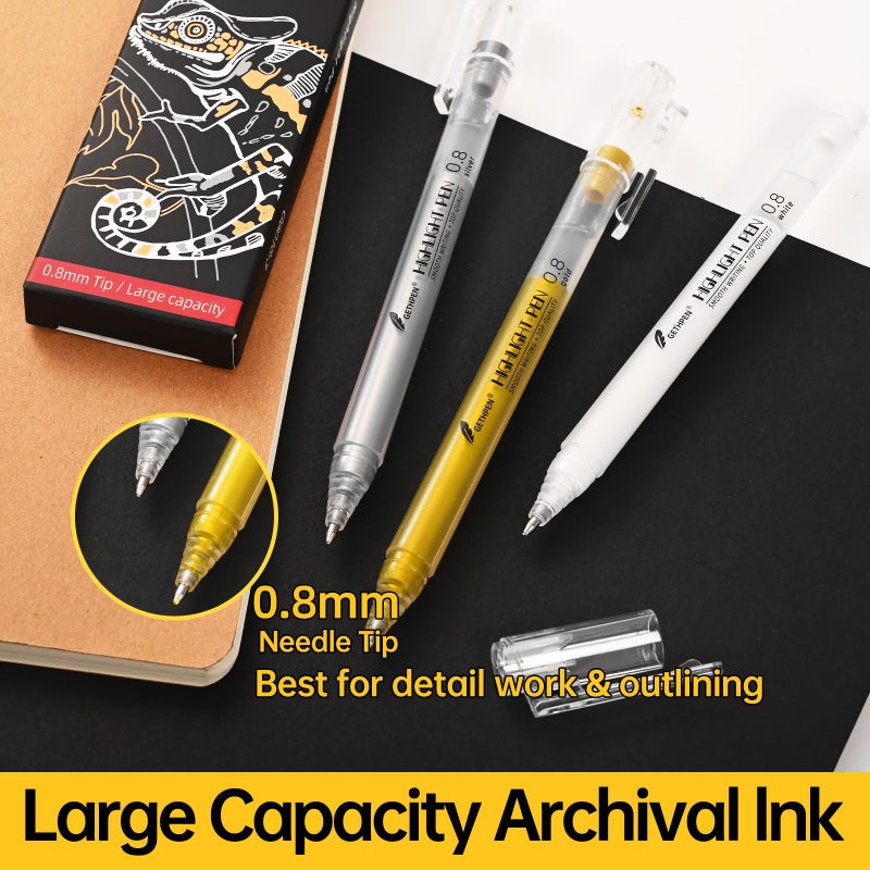GETHPEN White Pens  3Pack  White Gel Pens For Artists 0.8Mm Extra Fine Point  White Gel Pen  White Ink Pen  White Pens For Black Paper  White Drawing Pens White Pen For Artists Drawing - Image 2