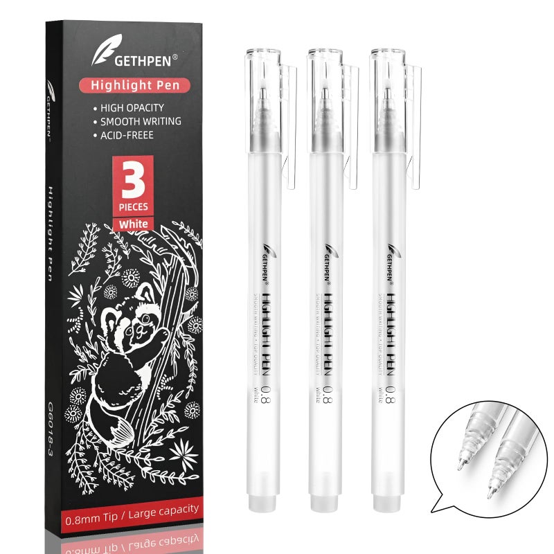 GETHPEN White Pens  3Pack  White Gel Pens For Artists 0.8Mm Extra Fine Point  White Gel Pen  White Ink Pen  White Pens For Black Paper  White Drawing Pens White Pen For Artists Drawing - Image 1